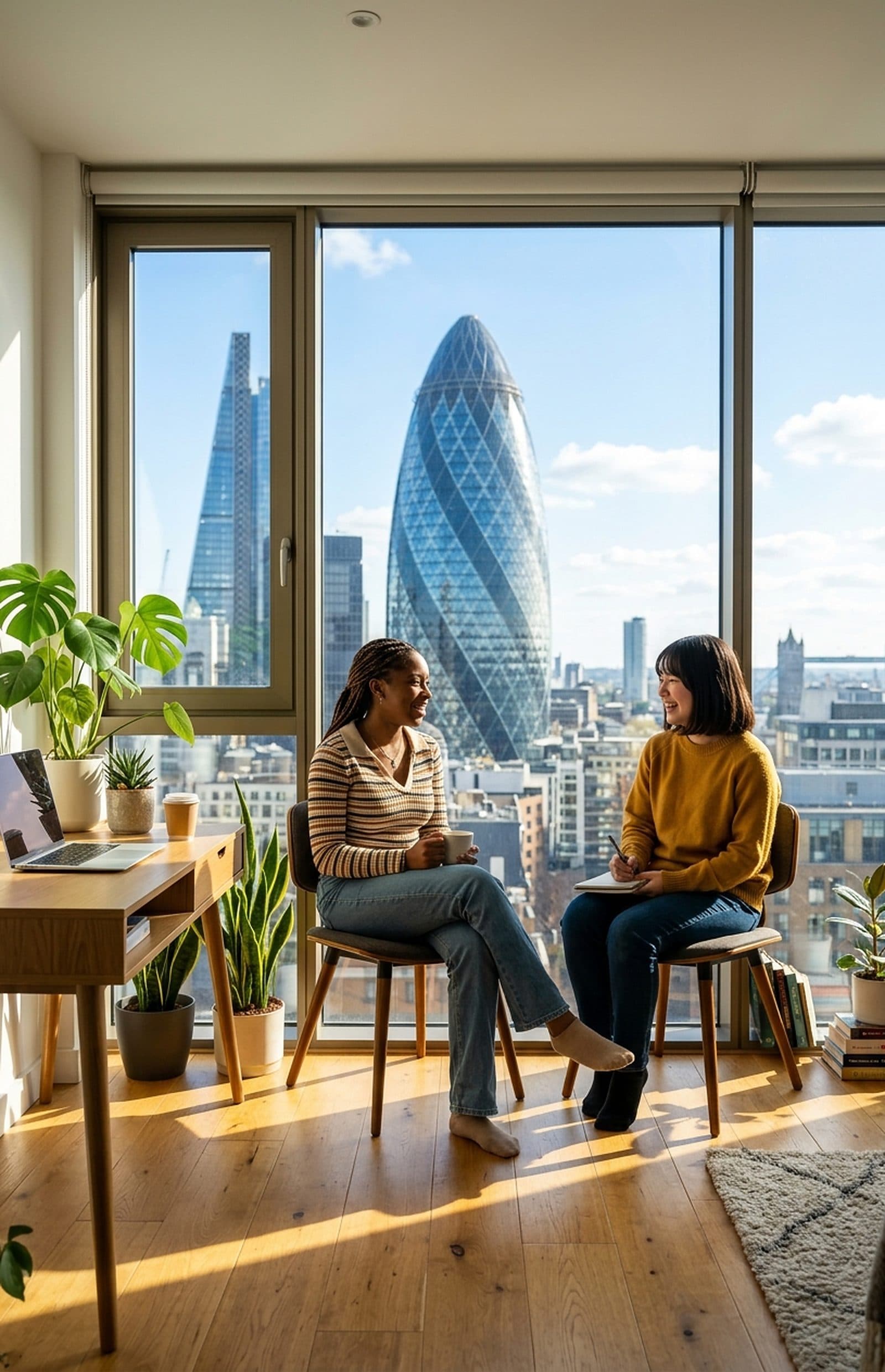 Aydınlık bir Londra dairesinin penceresi önünde sohbet eden iki öğrenci; arkalarında Gherkin binası ve City’nin silueti.