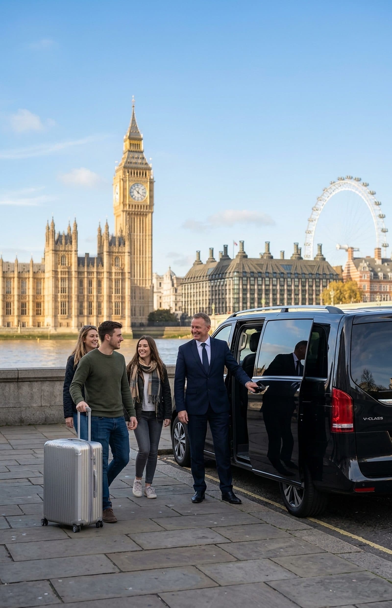 Thames kıyısında üç yolcu için siyah bir minivanın kapısını tutan şoför; arkada Big Ben ve London Eye.