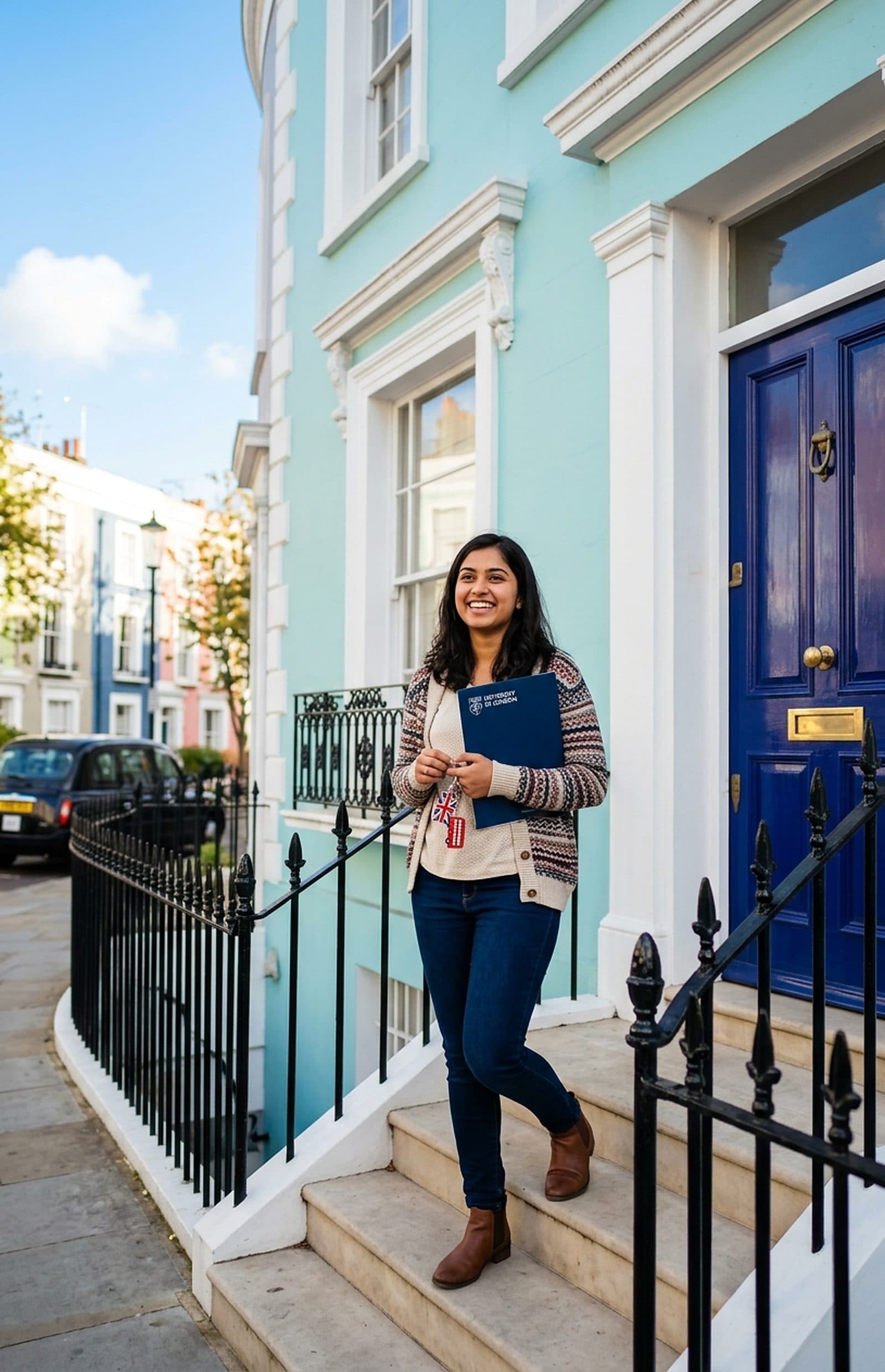 Pastel renkli bir Londra evinin giriş merdivenlerinde, elinde anahtar ve dosyayla gülümseyen bir öğrenci.